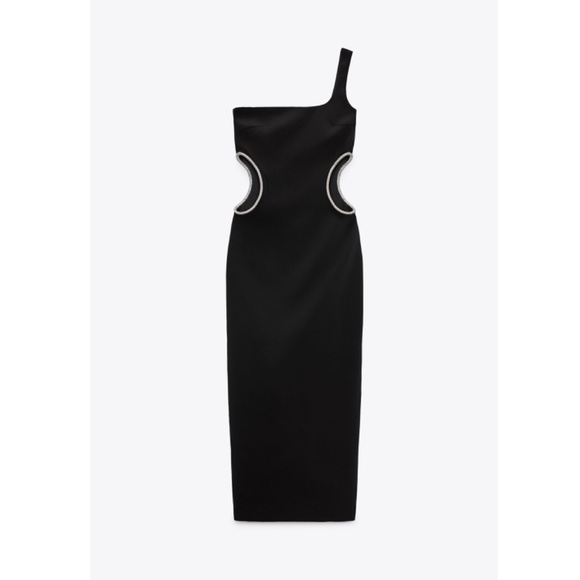 Size M or XXL | Zara | Asymmetrical Rhinestone Cut-Out Midi Dress One-Shoulder - Picture 2 of 12
